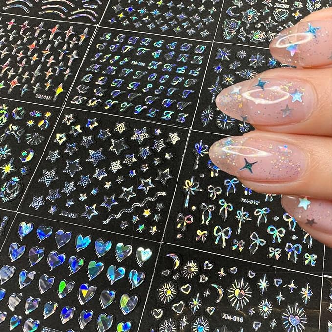 30 Sheets Star Nail Stickers Moon Nail Art Stickers 3D Embossed Self Adhesive Nail Decals Holographic Nails Design Aurora Line Bow Heart Nail Art Decals for Women Manicure DIY Decoration
