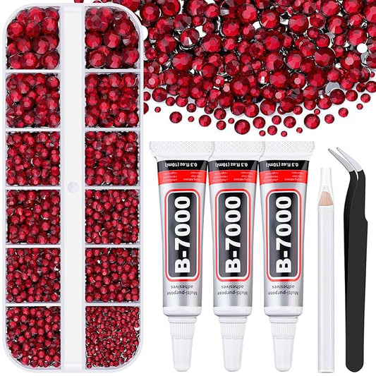 6000Pcs Resin Rhinestones for Bedazzling with 3Pcs B7000 Jewelry Glue, 1 Box Dark Red Flatback Rhinestones for Crafting Crafts DIY, Crystals Gems for Clothing Shoes Tumblers Nail Art Makeup