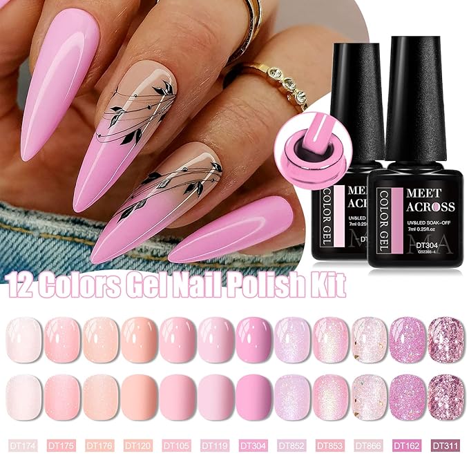 MEET ACROSS 12PCS Gel Nail Polish Set, 12 Colors Gel Nail Kit Art Design Soak Off UV LED,Nail Art Design Gifts for Women (Pink, 12PCS)
