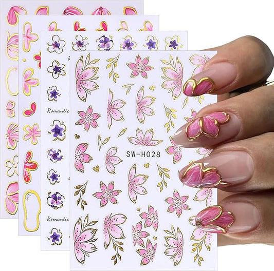 4 Sheets Pink Flower Nail Stickers, Gold Stamping Floral Nail Art Decals, 3D Self-Adhesive Nail Design Stickers for Women DIY Spring Season Purple Pink Flower Manicure Decoration Supplies
