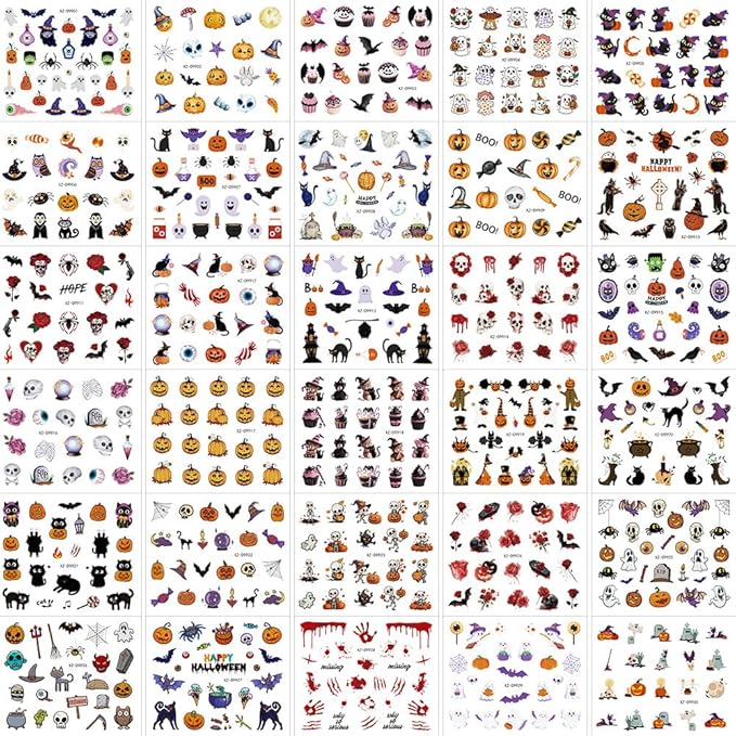 30 Sheets Halloween Nail Stickers for Nail Art, 3D Self-Adhesive Pumpkin Cat Nail Decals, Spider Bloody SkullNail Supplies Design Accessories for Women and Girls Manicure DIY Decoration