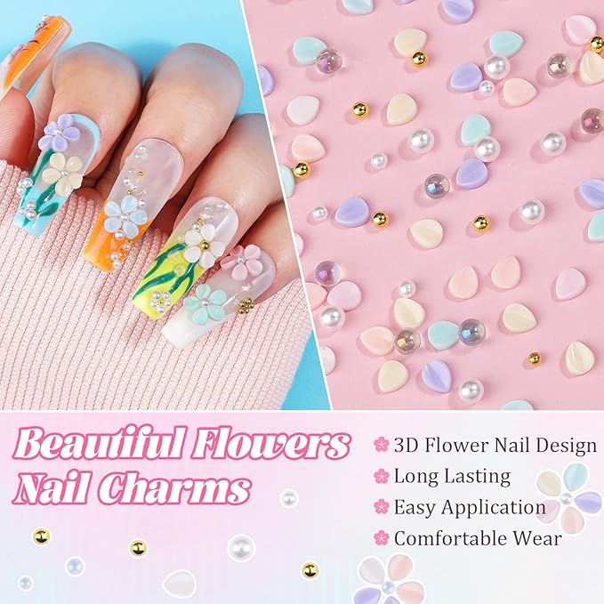 500Pcs Flower Nail Charms Kit, 400Pcs 3D Colorful Flowers Petals and 100Pcs Round Pearls with Nail Beads, Cherry Blossom Petal Tiny Gems Mixed Rhinestone for Nails DIY