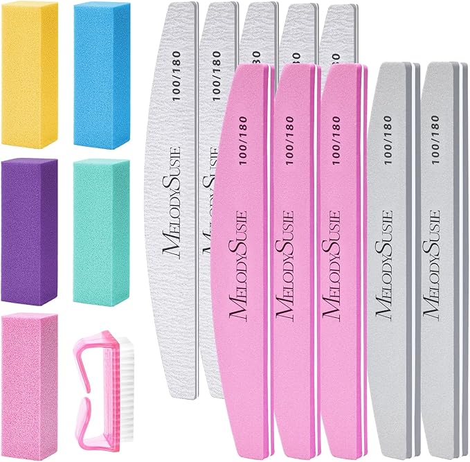 MelodySusie 16Pcs Professional Nail Buffer Kit,Nail Files and Buffers,Nail Buffer Block,Nail Brush, Nail File Buffers Kit for Natural Nails,DIY,Home Use,Salon（100/180 Grit）