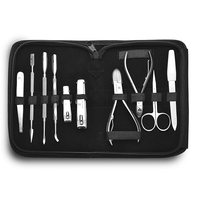 Manicure Pedicure Set - 10-in-1 Stainless Steel Grooming Kit, Personal Care Tools, Nail Nipper, Cuticle Cutter, Scissors, Tweezers, Blackhead Remover, Nail File & Case (Black)