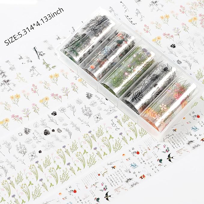 DANNEASY 30 Rolls Nail Art Foil Transfer, Landscape Painting Nail Foil Wraps Bamboo, Flowers, Cranes, Plum Blossoms Stickers Starry Sky Holographic Nail Foils for Women Nails Supplies