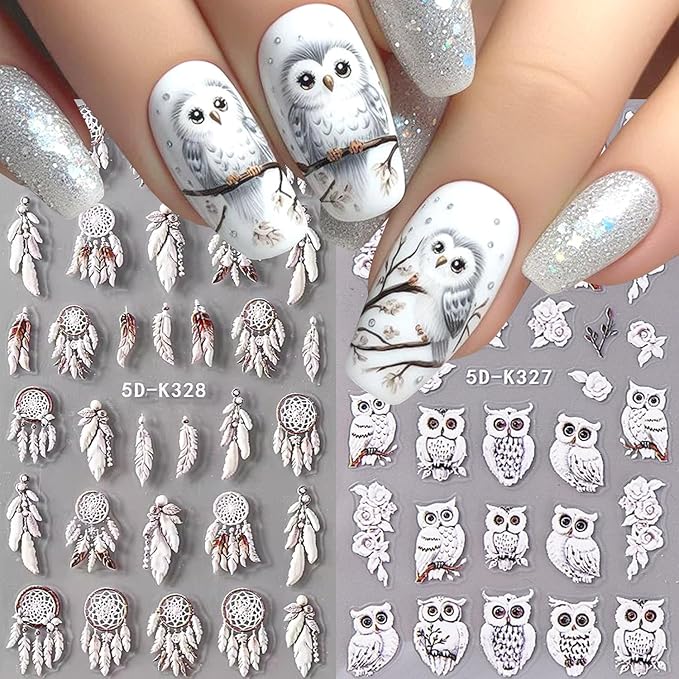 2Sheets Cute Owl Nail Art Stickers 5D Embossed Feather Dreamcatcher Designs Nail Decals Self-Adhesive White Owl Rose Flower Nail Sticker Autumn Winter Nails Supplies for Women DIY Manicure Decor
