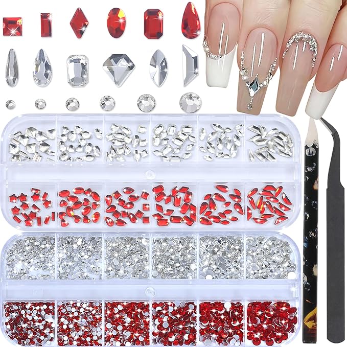 HNUIX Nail Rhinestones for Nails - 3D Multi Shapes, Flat Back, Small Nail Gems, Crystal & Red Nail Diamonds, with Kit, for Nail Art, DIY Decor