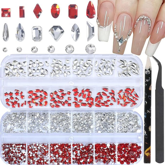 HNUIX Nail Rhinestones for Nails - 3D Multi Shapes, Flat Back, Small Nail Gems, Crystal & Red Nail Diamonds, with Kit, for Nail Art, DIY Decor