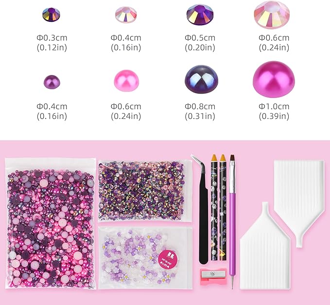 160g Pink Purple Flat Back Pearls Rhinestones for Crafts Mixed Size 3mm-10mm AB Color Round Half Pearls Flatback Pearl Beads and Resin Rhinestones Set for Face Art