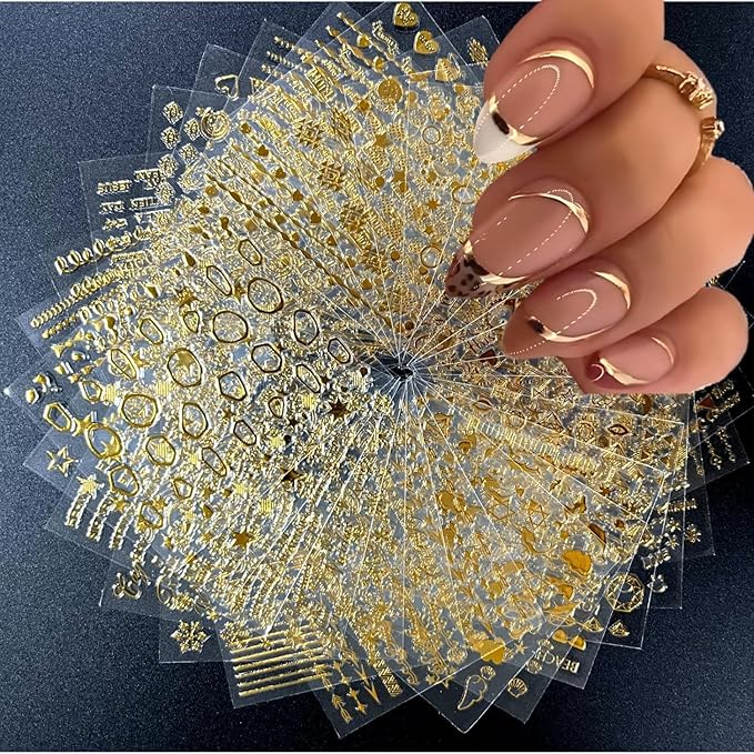 30 Sheets Gold Nail Art Stickers 3D Self-Adhesive Gold Stars Snowflakes Shiny Acrylic Heart Shape Line Design Suitable for Ladies Girls Nail Art Decoration