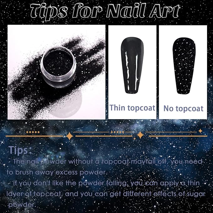 Laza Black Nail Glitter Powder Nail Shimmer Snow Nail Powder Diamond Dust Glitter Ultra-fine Glitter Sequins PET Flakes Pixie Sparkle Fairy Shiny Nail Art Decoration Sugar Glitter for French Manicure