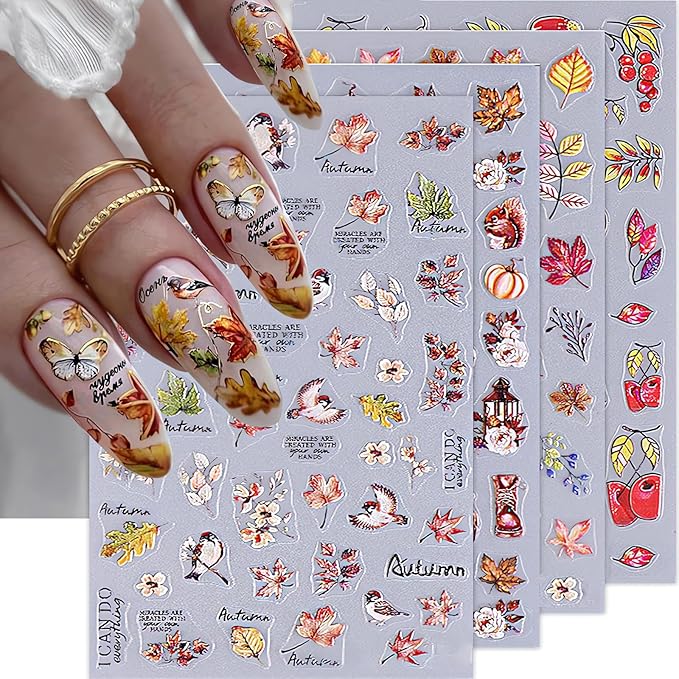 Fall Nail Stickers 3D Maple Leaves Nail Decals DIY Self Adhesive Tree Leaf Autumn Letter Nail Design Sticker Squirrel Animal Nail Decoration Supplies Holiday Manicure Accessories for Women Girls 4Pcs