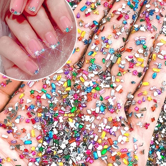 1440Pcs Mini Nail Rhinestones Colorful Nail Art Charms Multi Shape Crystal Charm Luxury Nail Art Flat Back Gems for 3D Small Star Heart Star Flower Nail Diamonds DIY Accessories Glitter Manicure Decor