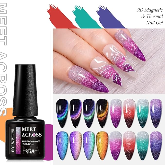 MEET ACROSS 8pcs Nail Polish Set, Soak off UV LED Lamp Cat Eye Gel Set Home Manicure Kit 7ml (Glitter Temper + 9D Cat Eye Gel)