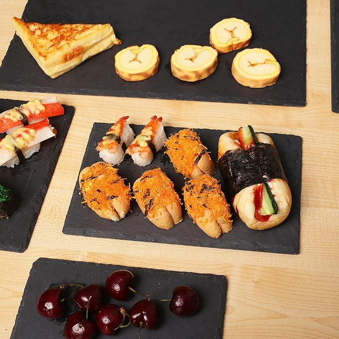 7 Pack 10 x 6 Inch Slate Cheese Boards, Black Rectangle Slate Charcuterie Boards, Natural Charcuterie Stone Plates for Parties, Gifts, and Special Events, Cheese, Sushi, Food.