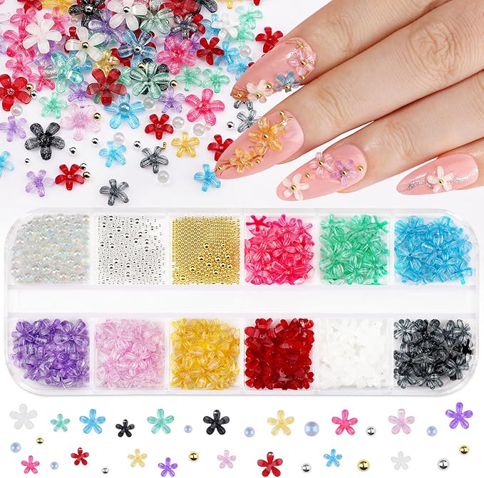 3D Colorful Flower Nail Charms with Nail Beads & Bubble Beads - Transparent Flower Charms, Gold/Silver Caviar Beads and Mixed Sizes Glass Bubble for Women Nails Design DIY Crafts (2-S1-Transparent)