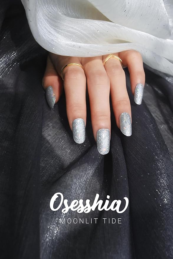 Semi Cured Gel Nail Strips, 20 pcs Nail Wraps, Glaze Stickers, Salon Quality French Manicure, Full Decal Gel Polish Strips, Long Lasting Holiday SCG, UV Lamp Required (Moonlit Tide)
