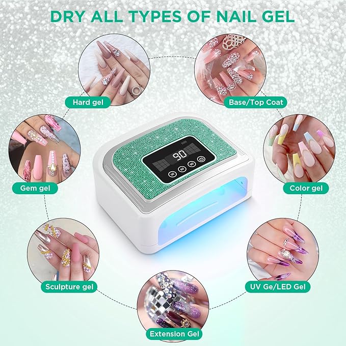 Aedavey Cordless Nail Lamp, Rechargeable UV Nail Lamp for Gel Nails, LED Nail Lamp with 4 Timer Modes, Gel Nail Light Decorate with Sparkling Nail Rhinestones Diamond (Sparkly Green Diamond)