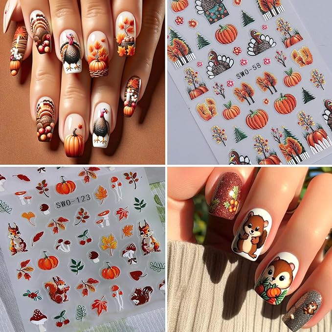 2Sheets Thanksgiving Nail Art Stickers 5D Embossed Squirrel Maple Leaf Nail Decals Self-Adhesive Turkey Pumpkin Designs Nail Sticker Fall Leaves Mushroom Nail Decal for Women DIY Manicure Decoration