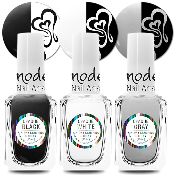 SheModern STICKY BLACK + WHITE + GRAY Stamping Polishes (Set 2) For Nail Art Design Air-Dry Collection. More Transfer Time with Tacky Surface for Easy Adhere of Pigment, Glitter