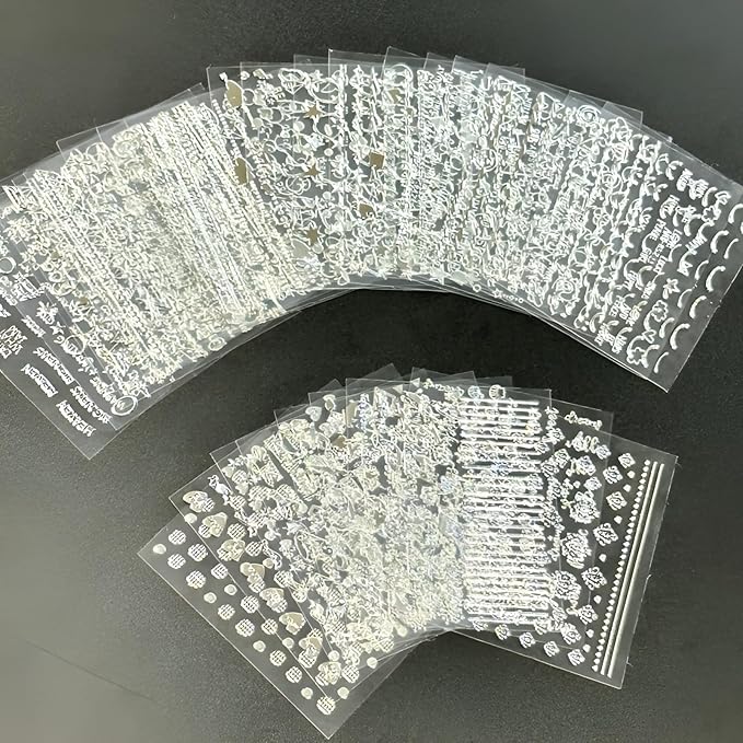30 Sheets Silver Nail Art Stickers 3D Self-Adhesive Line Nail Decals Silver Star Nail Stickers Moon Heart Nail Supplies Nail Art Design for DIY Acrylic Nails Decoration Accessories for Women