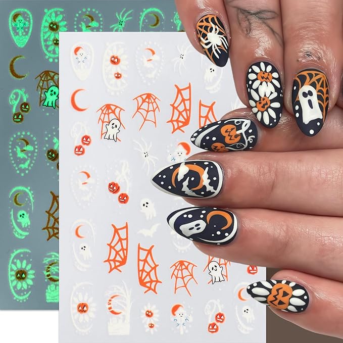 8Sheets Halloween Glow in The Dark Ghost Nail Stickers 3D Self-Adhesive Luminous Ghost Nail Art Decals Spider Web Pumpkin French Nails Design Bats Star Moon Nail Supplies Nail Decorations for Women