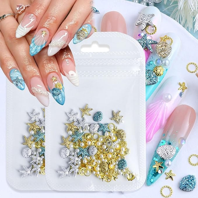 2 Pack 3D Nail Art Charms Set, Summer Beach Theme with Starfish Shell Pearls, Metal Rhinestone Decorations for Acrylic Nails