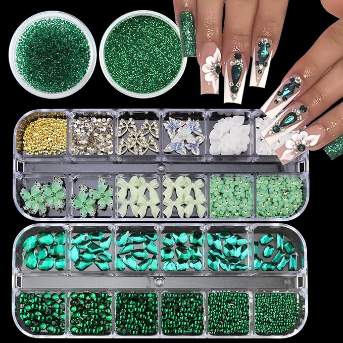 4 Boxes Green Nail Gems Bow Flower Nail Charms for Acrylics - Irregular Crystals, Nails Rhinestone & Accessories for Women Nails Art Design Nails Decor(Green)