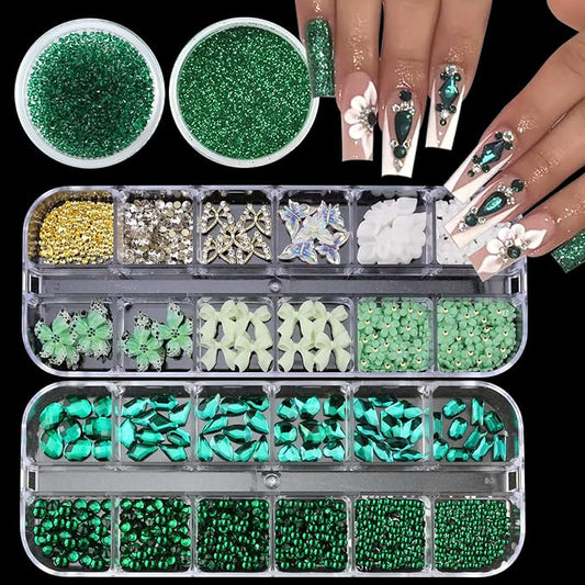 4 Boxes Green Nail Gems Bow Flower Nail Charms for Acrylics - Irregular Crystals, Nails Rhinestone & Accessories for Women Nails Art Design Nails Decor(Green)