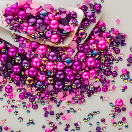 60g Pink Purple Flat Back Pearls Rhinestones for Crafts Mixed Size 3mm-10mm AB Color Round Half Pearls Flatback Pearl Beads and Resin Rhinestones Set for Face Art with Glue