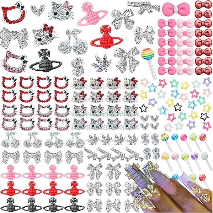 170PCS Nail Charms for Acrylic Nails,Silver Nail Jewels Cat Bow Planet Gun Maple Leaves Cherries Dollar Sign Hearts Star Candy Nail Accessories for Nail Art Supplies Manicure Craft DIY