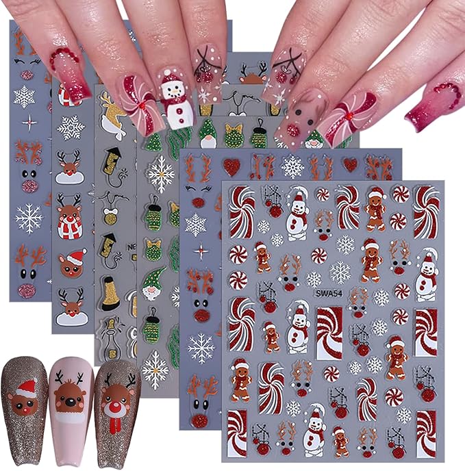 Christmas Nail Art Stickers Decals 3D Xmas Reindeer Snowflake Snowman Self-Adhesive Nail Stickers Winter Holiday Christmas Tree Elk Gift Nail Decals for Christmas DIY Manicure 6 Sheets