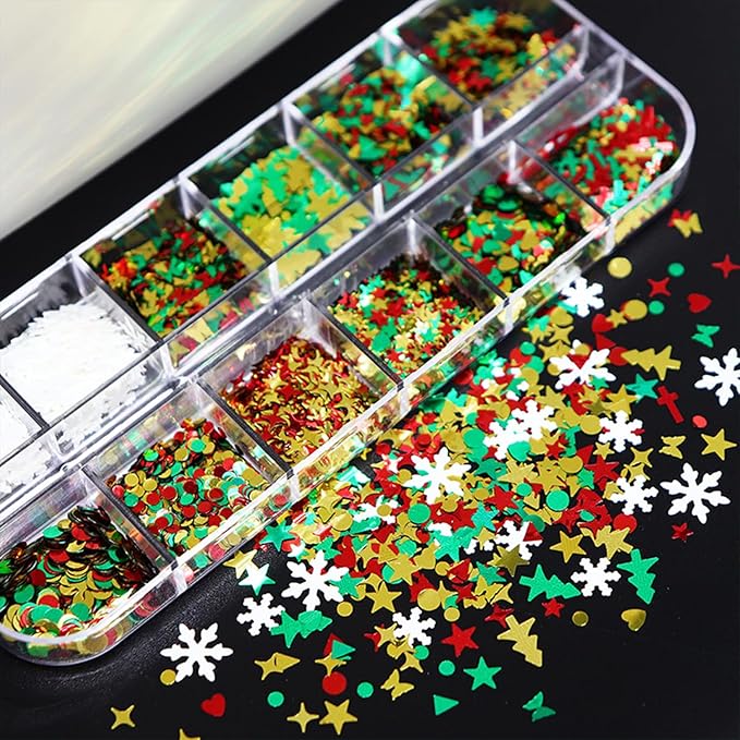 12 Grids Christmas Nail Art Glitter Sequins 3D Holographic Mixed Winter Nail Glitter Flakes Snowflake Christmas Tree Star Round Cross Designs Glitter for Acrylic Nails Xmas Nail Decorations for Women