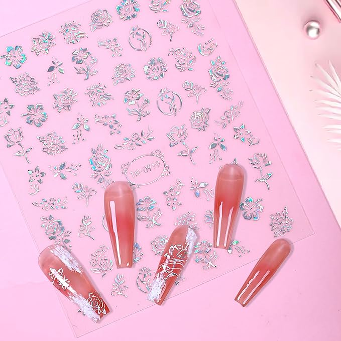 Glitter Flower Nail Stickers for Nail Art, Nails Art Stickers Decals Self Adhesive Floral Nail Sticker for Women Nails Decoration