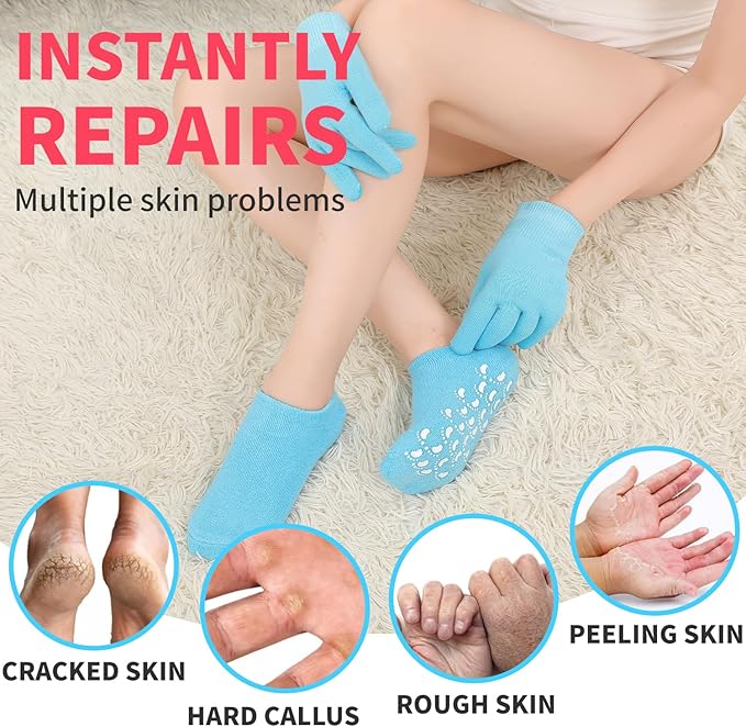 Moisturizing Glove and Sock, Gel Spa Moisturizing Therapy Sock ＆ Glove, Soften Repairing Dry Cracked, Hands Feet Skin Care, Effective in Repair Dry and Chapped Hands and Feet Skin Care(4 PCS/Blue)