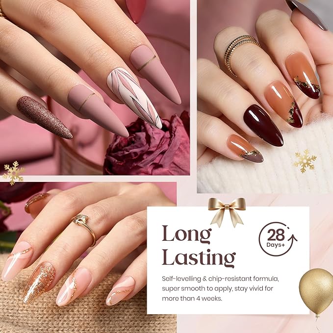 Beetles Fall Gel Nail Polish Set, 23Pcs Brown Burgundy Red Nude Pink Winter Gel Polish Set with Base Top Coat Verse of Roses Kit, Soak off Uv Gel Golden Glitter Holiday Nail Gift for Women