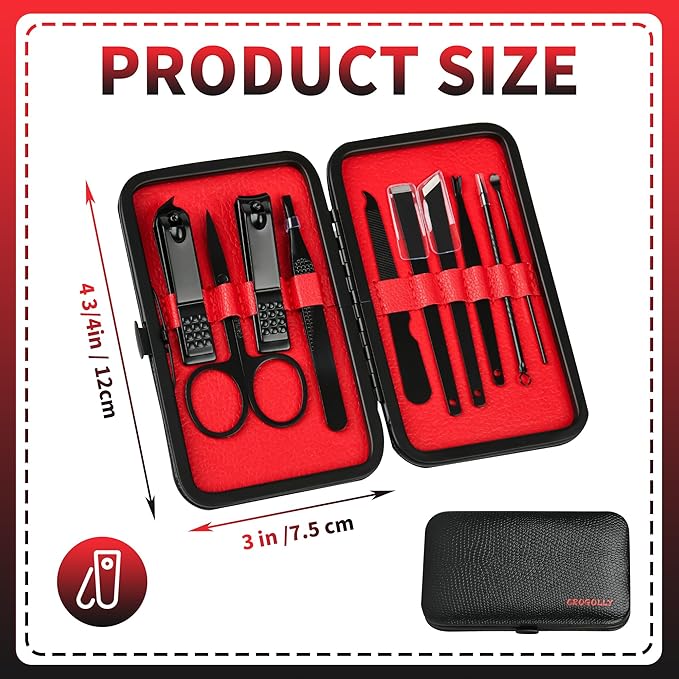 10pcs Manicure Nail Clipper Set - Stainless Steel Nail Care Kit with Nail Clippers, Nail File, Cuticle Scissors, Ear Pick and More, Compact and Durable for Home and Travel (Black/Red)