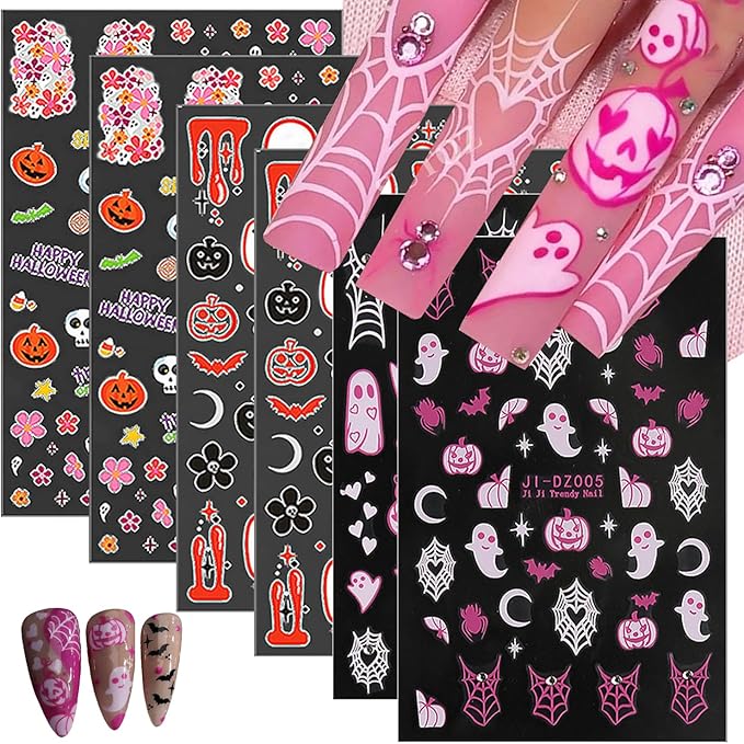 6 Sheets Rhinestones Halloween Stickers 3D Self Adhesive Pink Ghost Nail Art Stickers Glitter Pumpkin Charms Nail Decals Spooky for Women Halloween DIY Manicure Salon