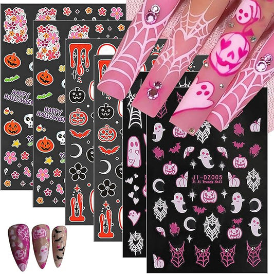 6 Sheets Rhinestones Halloween Stickers 3D Self Adhesive Pink Ghost Nail Art Stickers Glitter Pumpkin Charms Nail Decals Spooky for Women Halloween DIY Manicure Salon