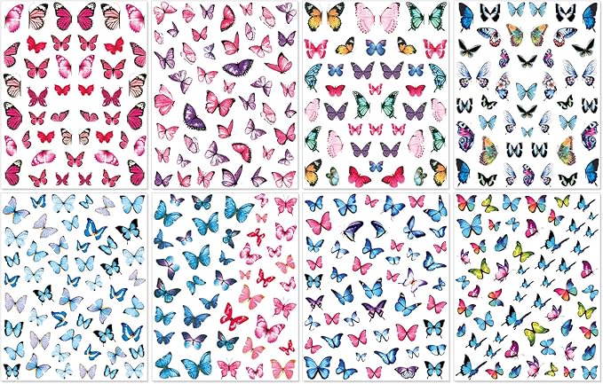 8 Sheets Butterflies Nail Art Stickers - Colorful Butterflies Wing Self-Adhesive Nail Decals for DIY Spring Summer Manicure
