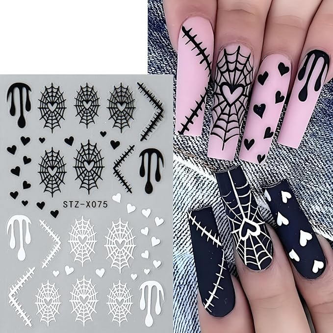 6pcs Ghost Halloween Nails Stickers with Tweezers Heart Spider Web Blood Dripping Spiders Boo Cute Ghost Goth Nails Decals Halloween Art Party Nail Supplies for Women DIY Nail Charms Decorations