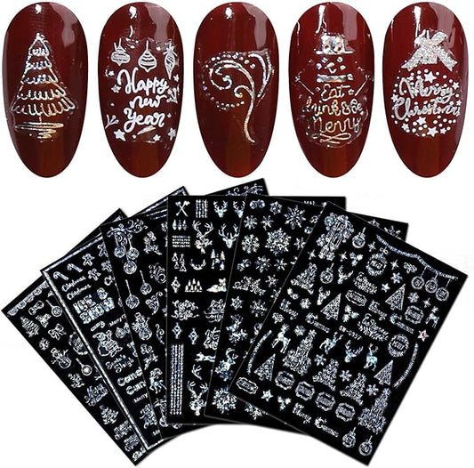9 Sheets Merry Christmas Nail Art Stickers Decals Self-Adhesive Holiday Snowflakes Laser Silver Snowman Bell Nail Supplies Nail Art Design Decoration Accessories