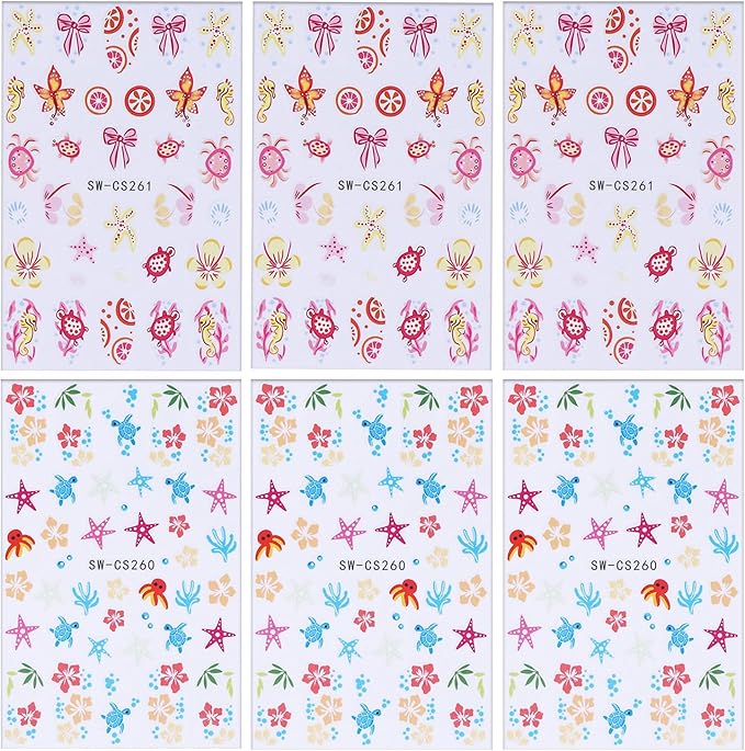 6 Sheets Marine Life Nail Art Stickers 3D Self-Adhesive Starfish Turtle Nails Sticker Flower Nail Art Decals Holographic Bow Nails Decal Decoration for Women Floral Manicure DIY Nail Supplies
