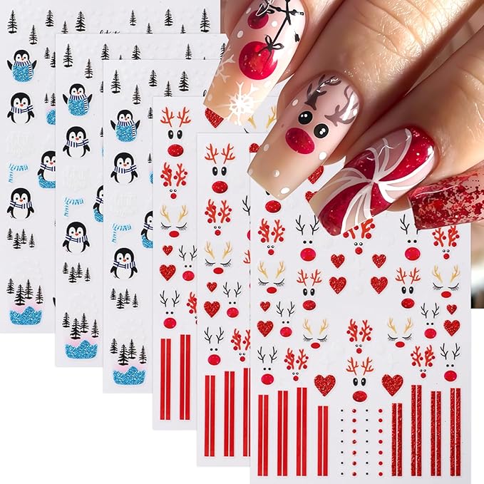 6 Pcs Christmas Nail Art Stickers 3D Self-Adhesive Glitter Christmas Snowflake Elk Blue Penguin Nail Decals Winter Christmas Tree Nail Design Red Glitter Elk Nails Supplies for Women DIY Manicure