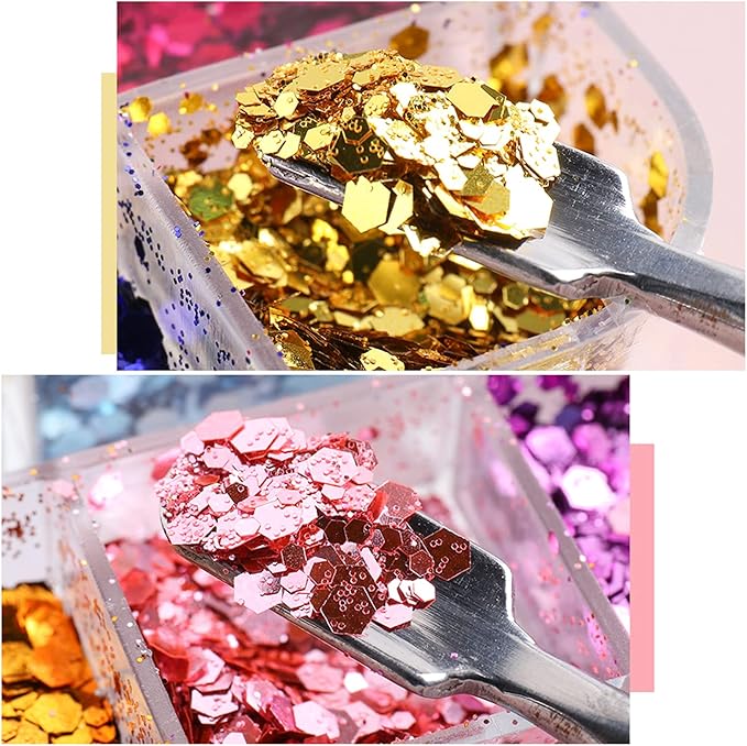 Mermaid Holographic Nail Sequins, 3D Hexagon Flakes Glitter Accessories Mirror Gradient Effect Nail Art Design Sparkly Acrylic Nails Powder for Women Girls Manicure Tips Charms Decoration (12 Colors)