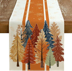 Fall Watercolor Trees & Maple Leaves Striped Table Runner 13x90 Inch, Rustic by GEEORY