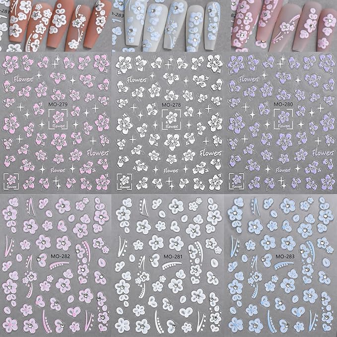 6Sheets Hibiscus Flower Nail Stickers, 3D Self-Adhesive Nails with Luxury Rhinestones - Blue Pink Nail Set Supplies for Women