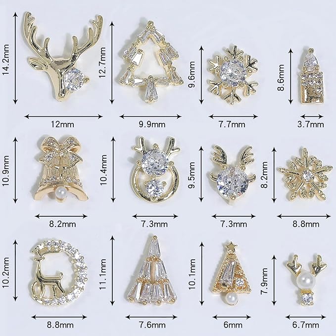 HNUIX Gold Nail Charms - Multi Shape, Zircon Jewelry, Christmas, Gems Rhinestones Charms, Metal Base, for Nail Art