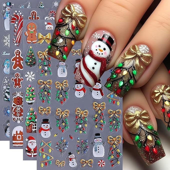 4 Sheets Christmas Nail Art Stickers 5D Micro Relief Gingerbread Man Nail Decals Santa Claus Snowman Snowflake Xmas Tree Nail Design Xmas Light Bow Nail Decor Winter Holiday Manicure DIY Nail Supplies