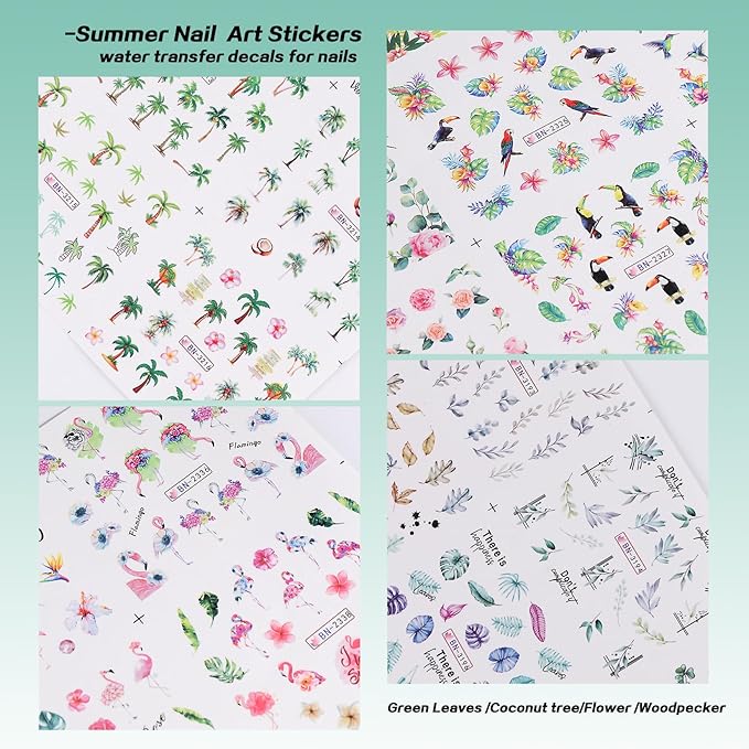 Flamingo Nail Water Decals Stickers 48 Designs Tropical Summer Nail Art Stickers DIY Watermark Fingernails Supply Colorful Flower Leaves Coconut Tree Nail Art Decoration Manicure Accessories 4 Sheets